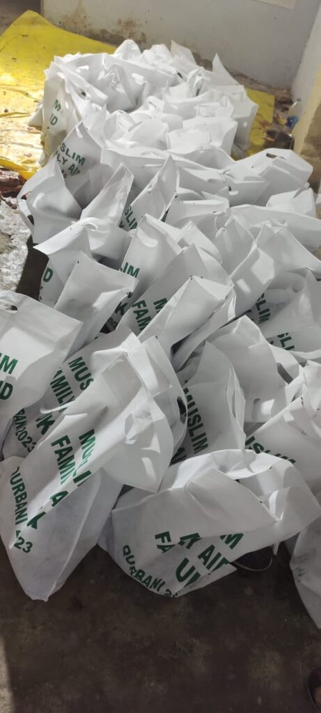 Muslim Family Aid branded food bags ready for distribution