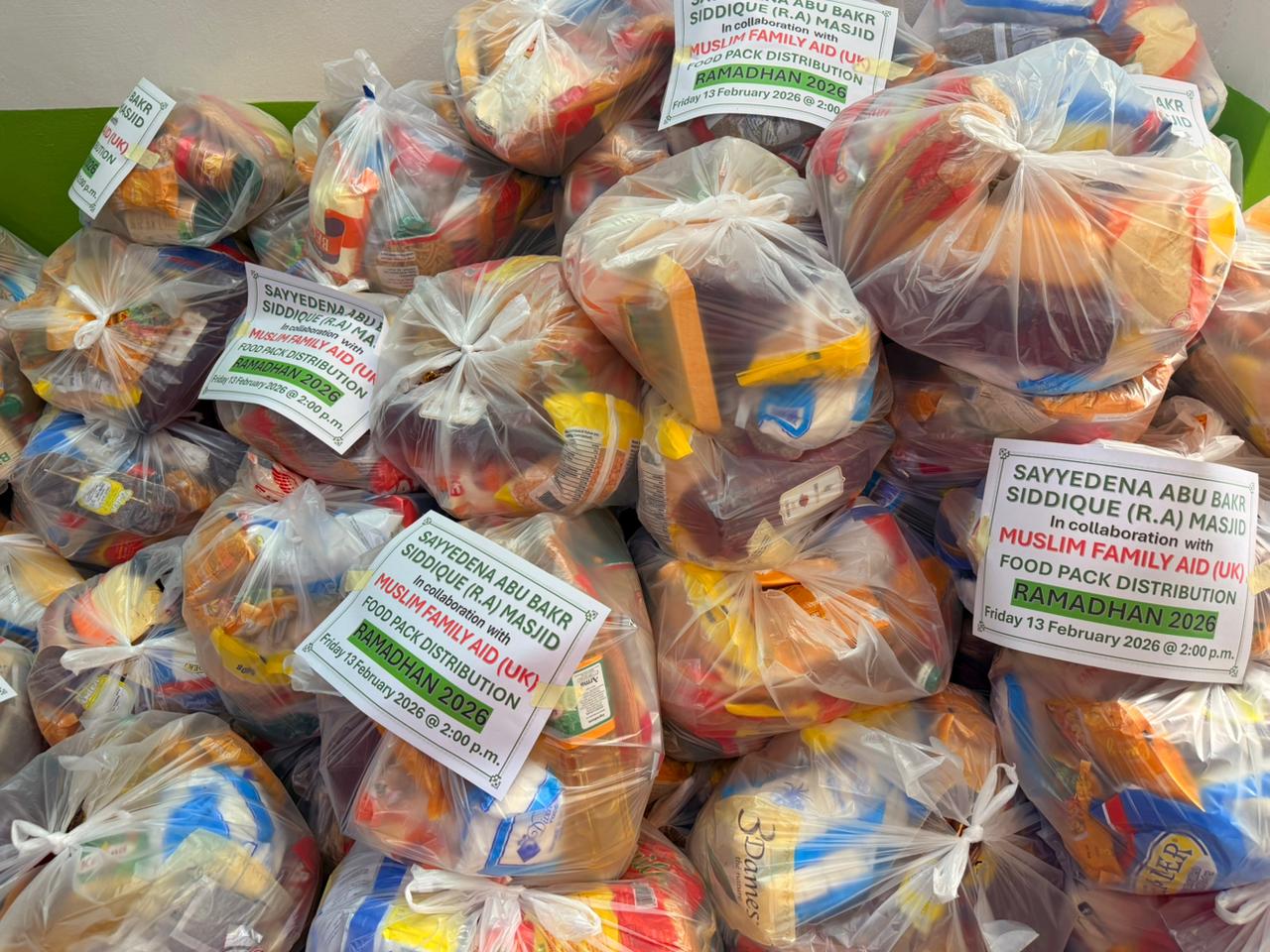 Bags of Ramadan food packs ready for distribution